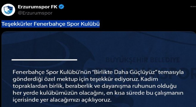 Erzurumspor'dan Fenerbahçe'ye teşekkür