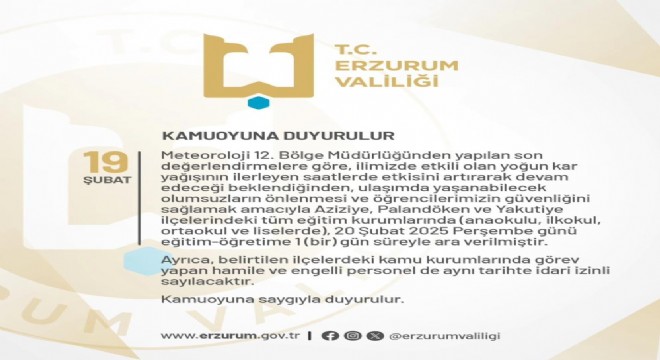 Erzurum’da eğitime 1 gün kar tatili